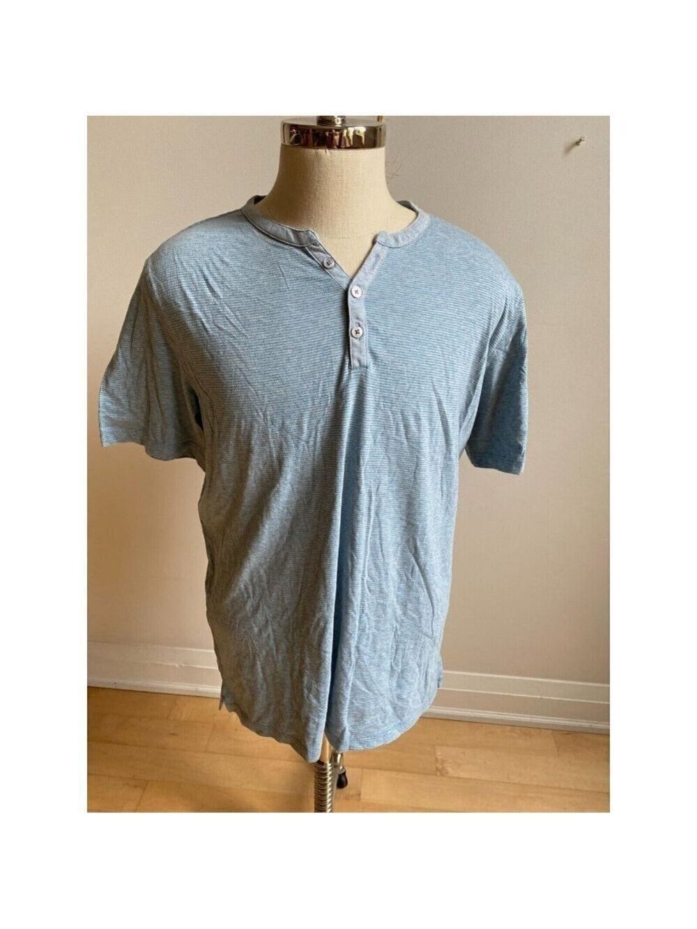 ROBERT Barakett BNWOT Men Tshirt "Cecil" Blue Striped Y Neck Henley - Picture 2 of 7